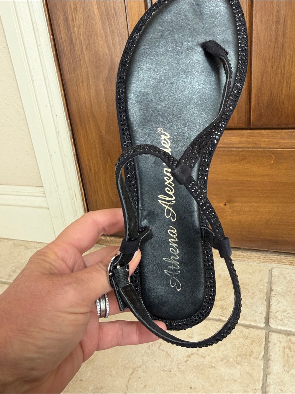 Athena Alexander Black Rhinestone T-Strap Flat Sandals - Picture 7 of 7
